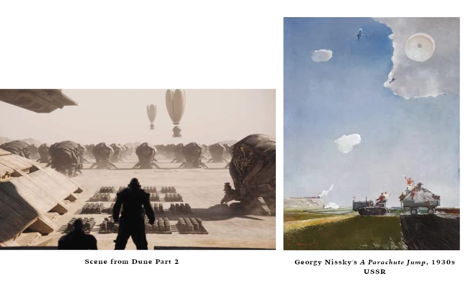 A side by side comparison of two images, one, a scene from Dune 2 where a character in the foreground stands in front of parachuting alien ships, the other a reproduction of Georgy Nissky's A Parachute Jump, a painting with similar framing of farmers watching a parachutist from 1930s USSR