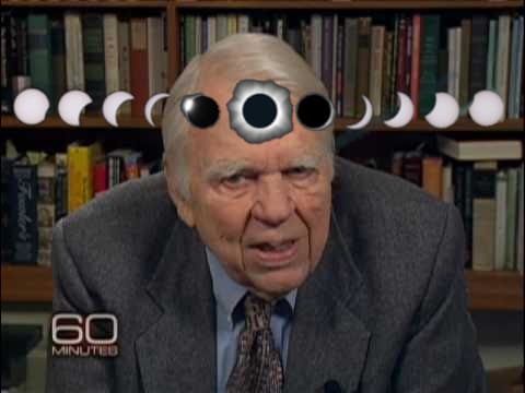 An image of Andy Rooney from his 60 minutes segment with the sequence of the eclipse transposed over his forehead