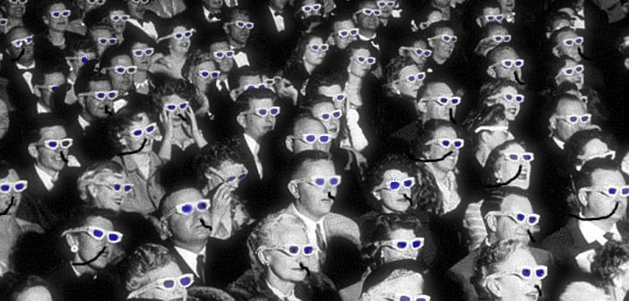 A black and white image of moviegoers with 3D glasses from the 50s, but their eyes glow blue ala the Dune franchise.