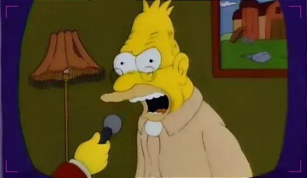 Grandpa Simpson yelling into a reporter's microphone on a TV screen