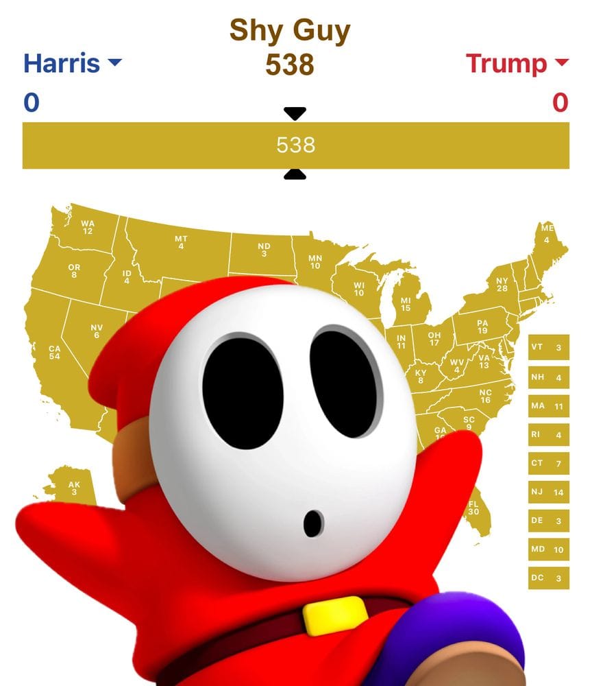 A meme electoral map which features Harris and Trump at 0 and the entire map filled in gold for Shy Guy