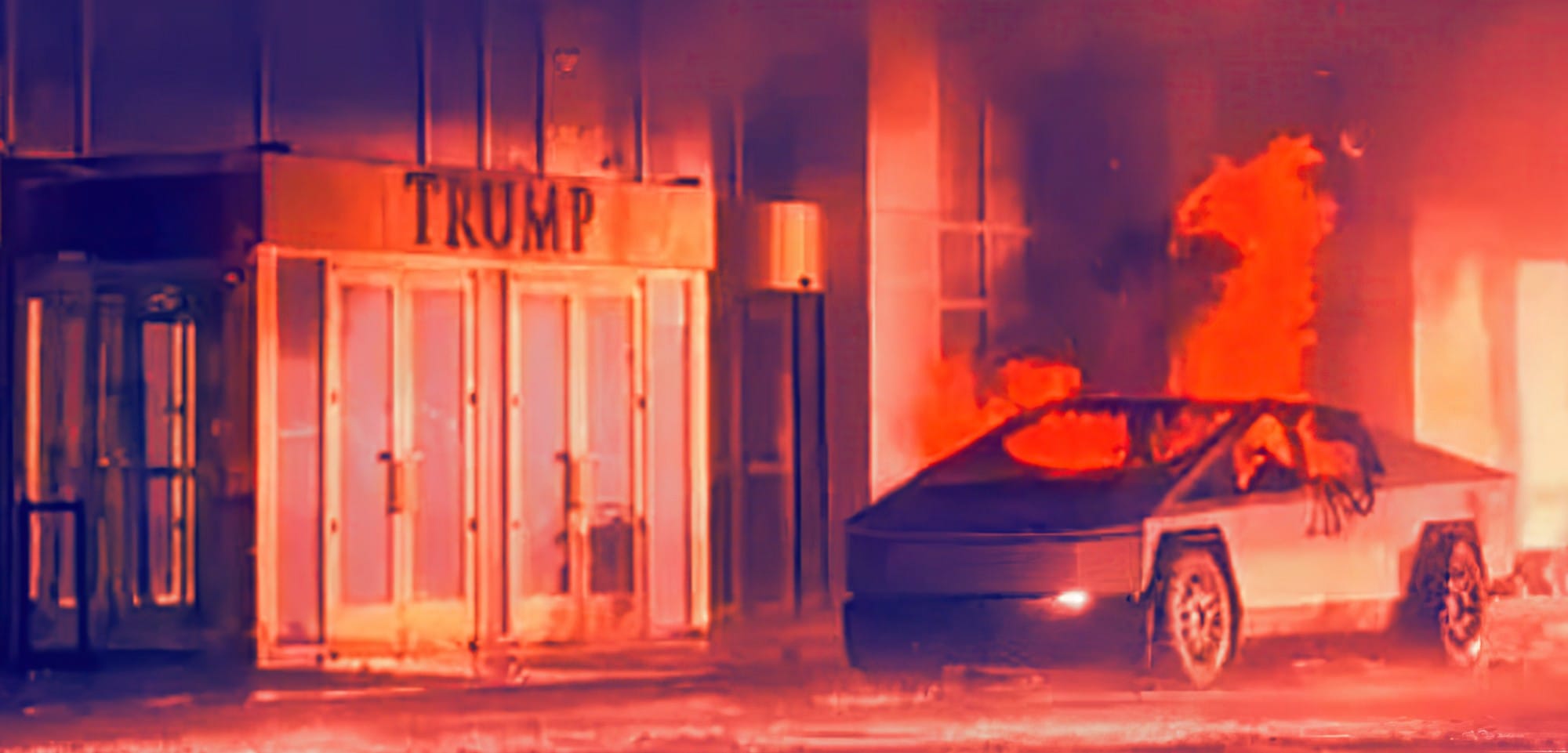 a filtered image of the cybertruck on fire outside Trump towers, credit to @renegadecut on bsky for the filter