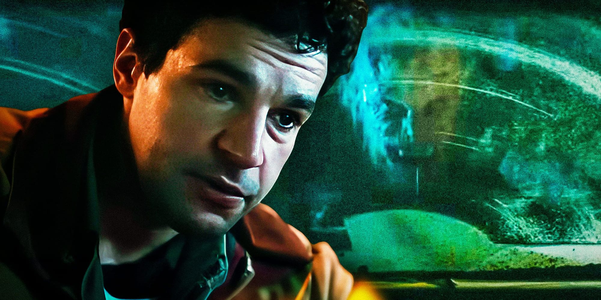 A screenshot from The Wolf Man with the protagonist, Christopher Abbott, with a werewolf in the window behind him