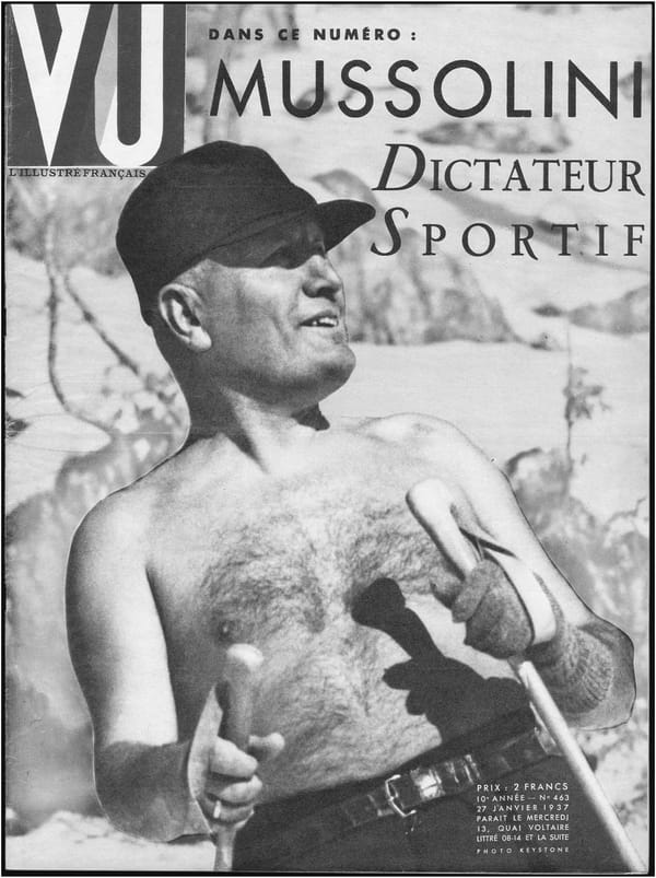 A French magazine from 1937 picturing a shirtless Mussolini holding ski poles with "Mussolini, Dictateur Sportif"