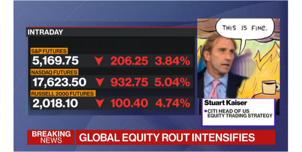 Bloomberg news, showing all three stock indexes down and talking head Stuart Kaiser memed into the This if Fine dog