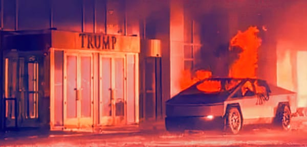 a filtered image of the cybertruck on fire outside Trump towers, credit to @renegadecut on bsky for the filter